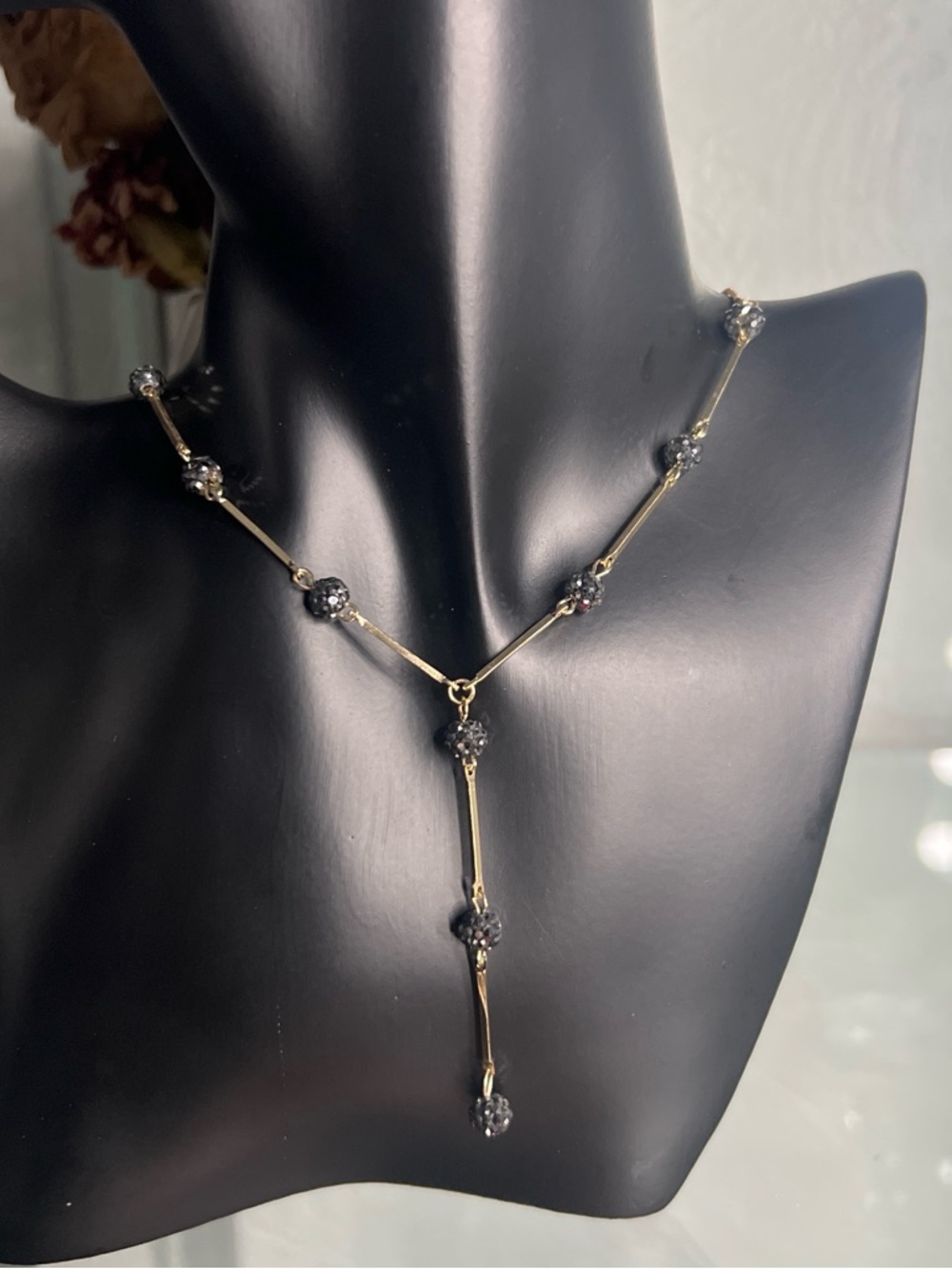 Gold-Tone Lariat Necklace with Dark Gray Crystal Beads